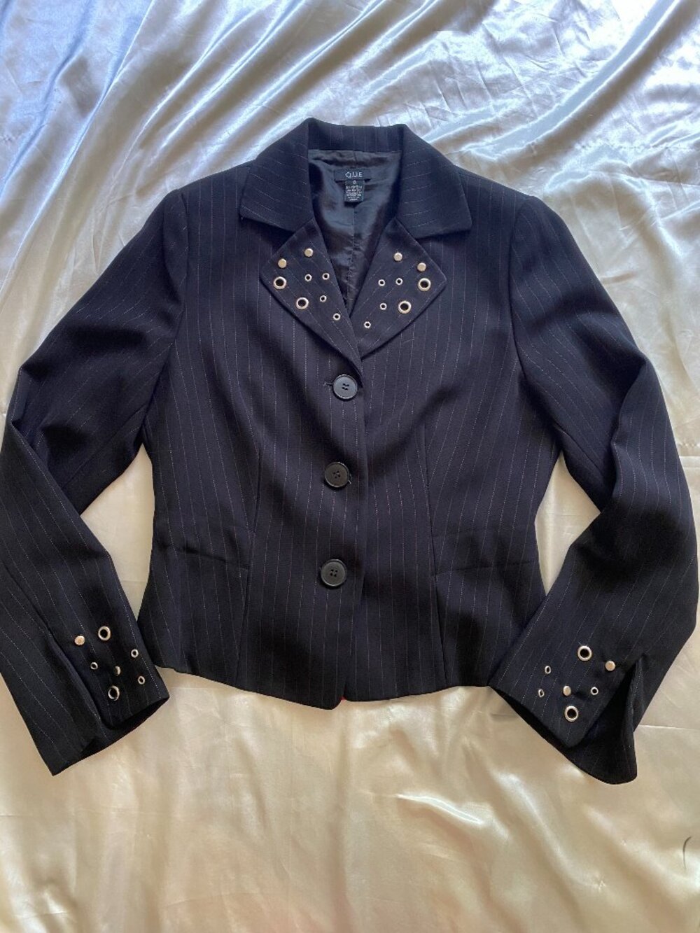 Vintage Y2K Black Pinstripe Blazer Grommet & Tie Whimsygoth Fairy Office 6